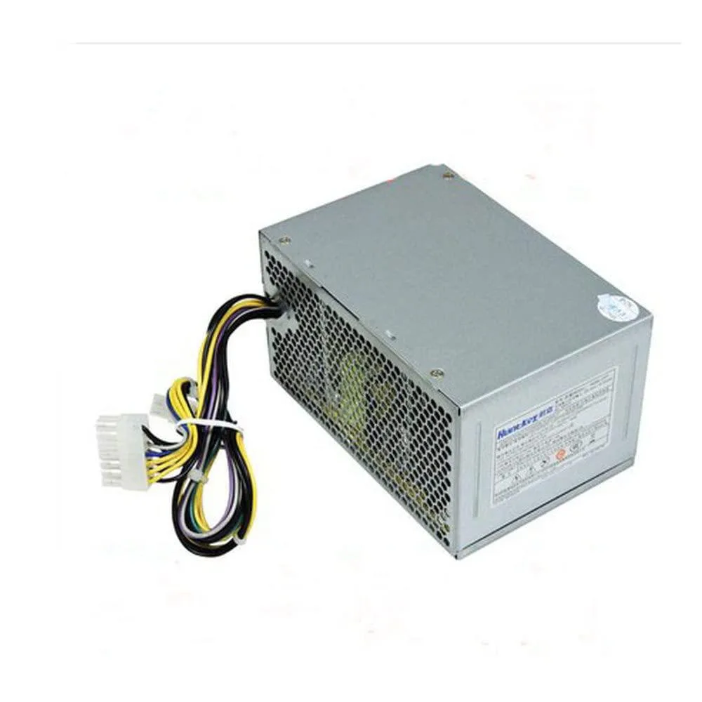 Rectangular metal AT power supply unit with ventilation grille and cable connectors