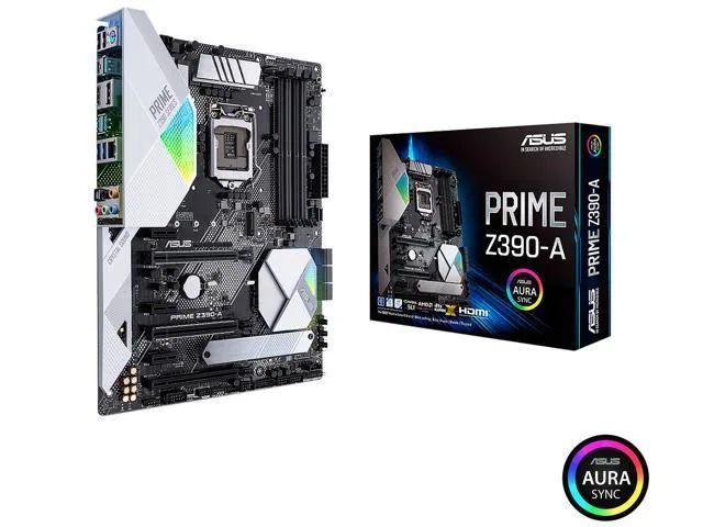 ASUS Prime Z390-A ATX motherboard with black PCB and silver heatsinks