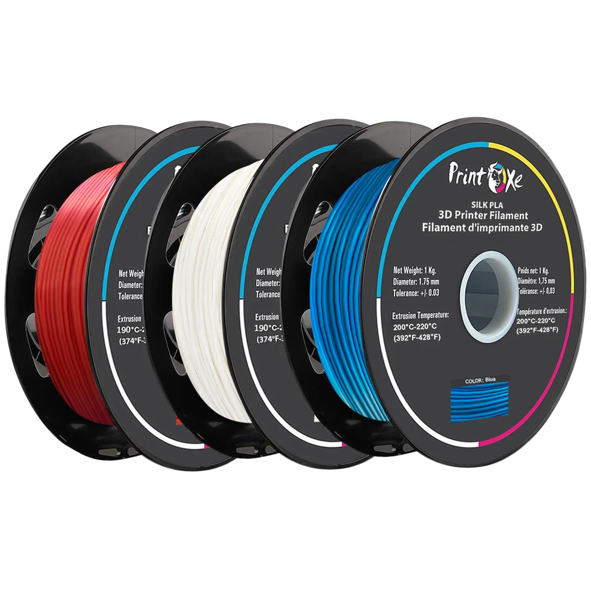 PrintOxe PrintOxe PLA like SILK Filament 3-Pack Red White Blue 1.75mm 3kg — Produktfoto
