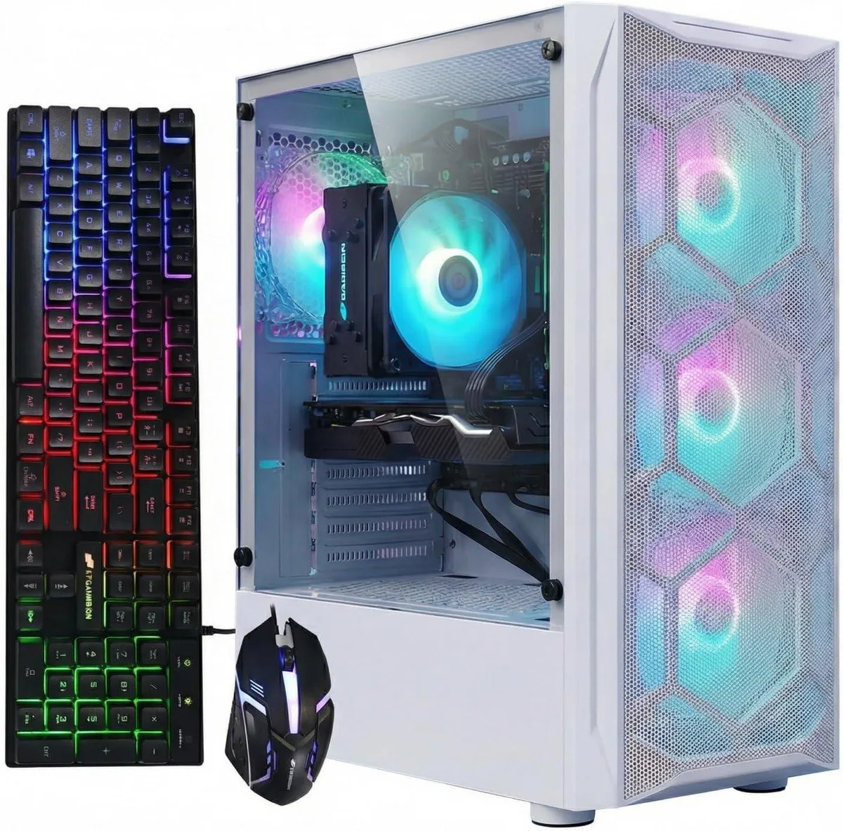 White mid-tower gaming PC with four RGB fans visible