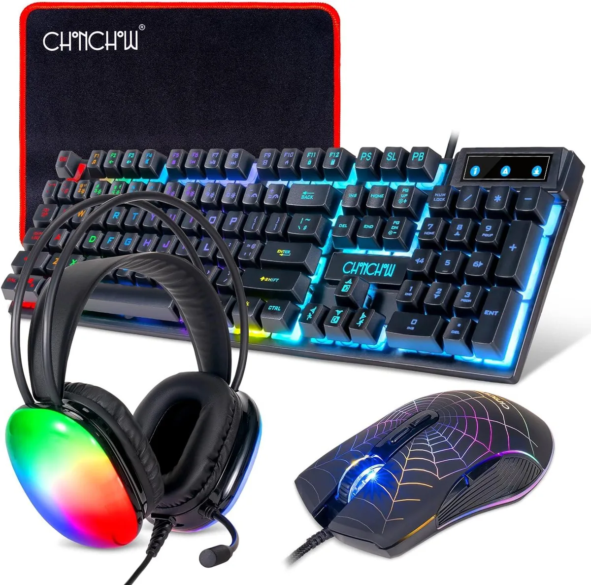 Black four-piece gaming bundle with keyboard mouse headset and pad