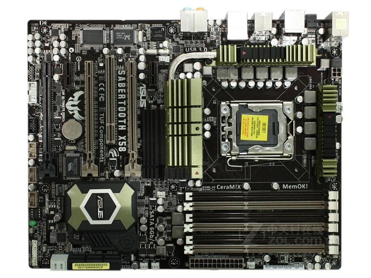 ASUS SaberTooth X58 ATX motherboard with LGA 1366 socket and DDR3 slots