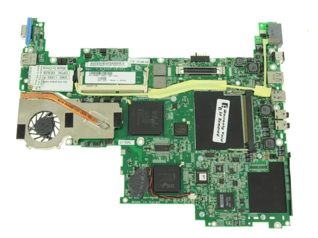 Green rectangular laptop motherboard with silver processor and integrated components