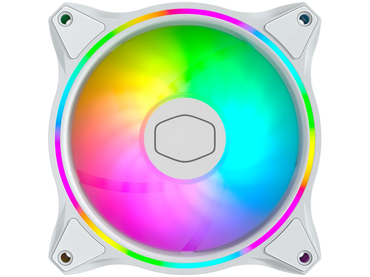 White 120mm case fan with dual RGB rings, 24 addressable LEDs, rubber corner pads, 25mm thick, 4-pin PWM connector