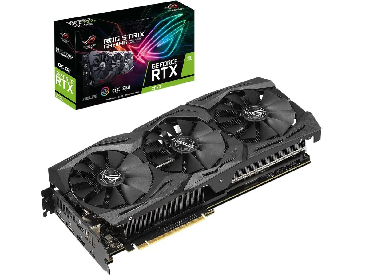 ASUS ROG Strix RTX 2070 graphics card 2.5-slot design triple axial fans metallic shroud backplate visible