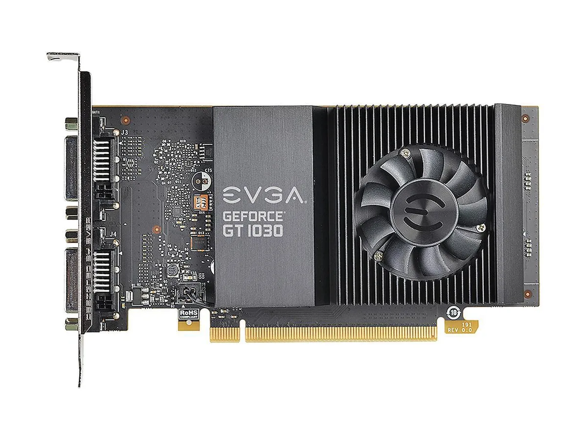 EVGA GeForce GT 1030 graphics card, single-slot design with one fan, matte black finish
