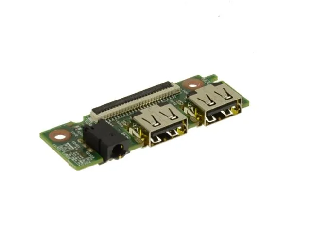 Small green circuit board with two USB ports and one audio jack