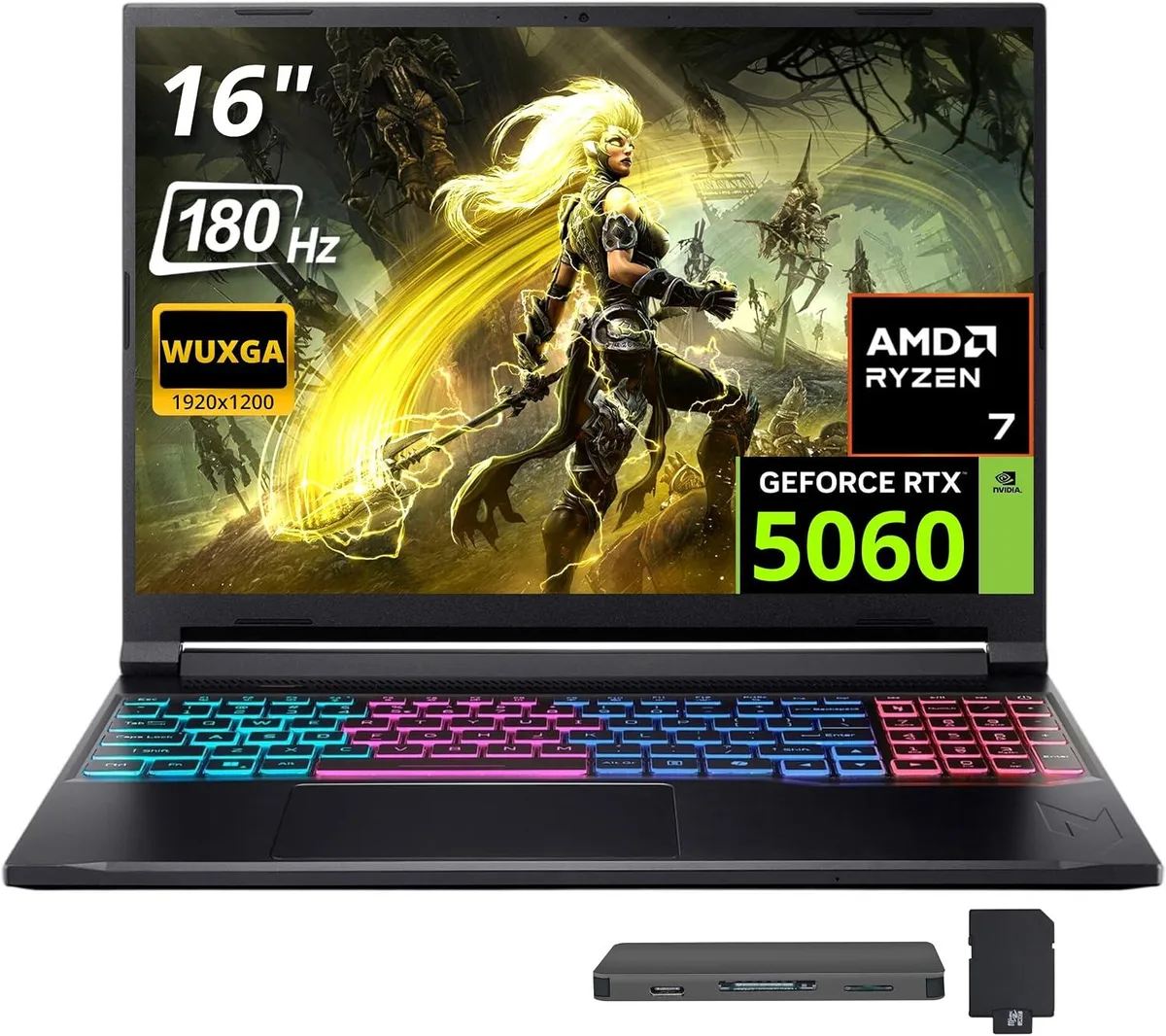 Black 16-inch gaming laptop with 180Hz display and 4-zone RGB keyboard