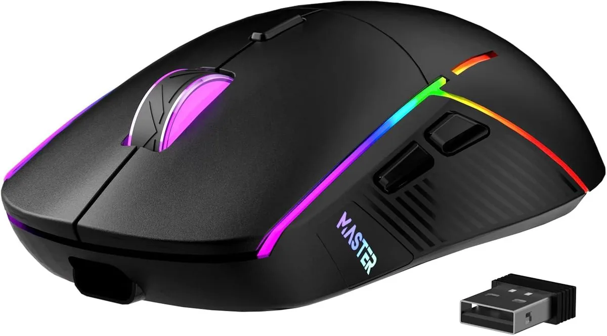 Black right-handed gaming mouse with 16 buttons and RGB lighting