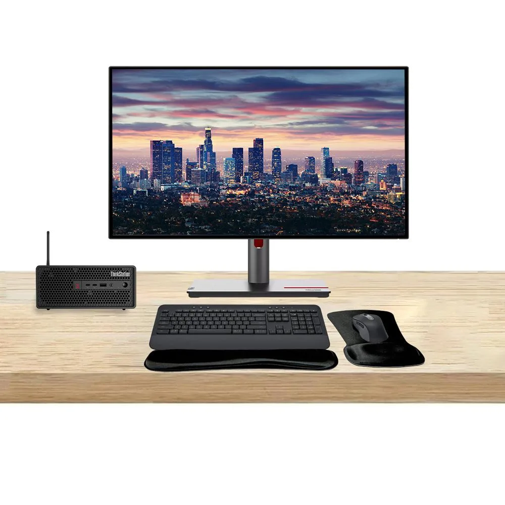 Compact silver mini tower, dual 27-inch borderless monitors, graphite wireless keyboard and mouse set