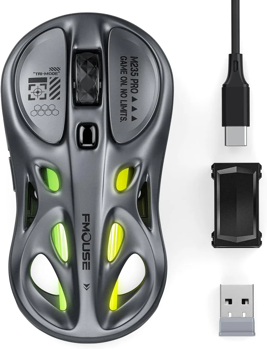 Gray gaming mouse with honeycomb shell, USB-C cable and 2.4 GHz dongle