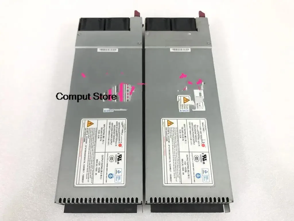 Silver rectangular server power supply unit with rear fan grille and power socket