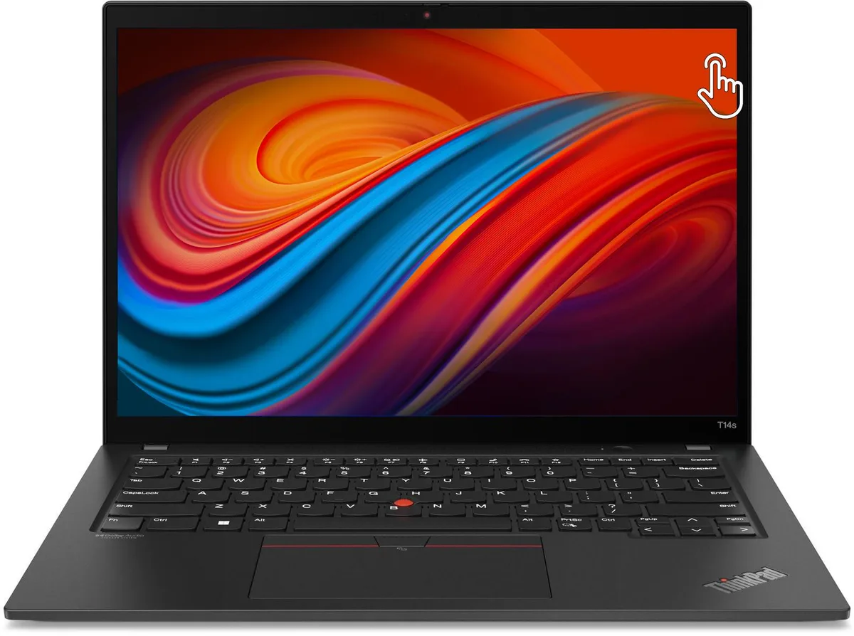 Black 14-inch touchscreen laptop with matte finish and ThinkPad branding