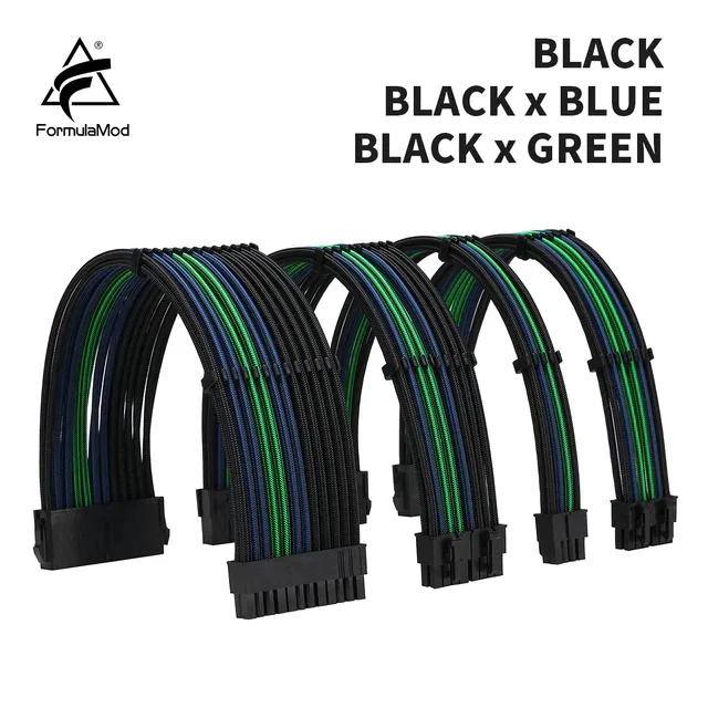 Black 300mm PSU extension cable kit with 24-pin ATX, dual 8-pin PCIe and CPU connectors, 18 AWG wires, 3 mm diameter