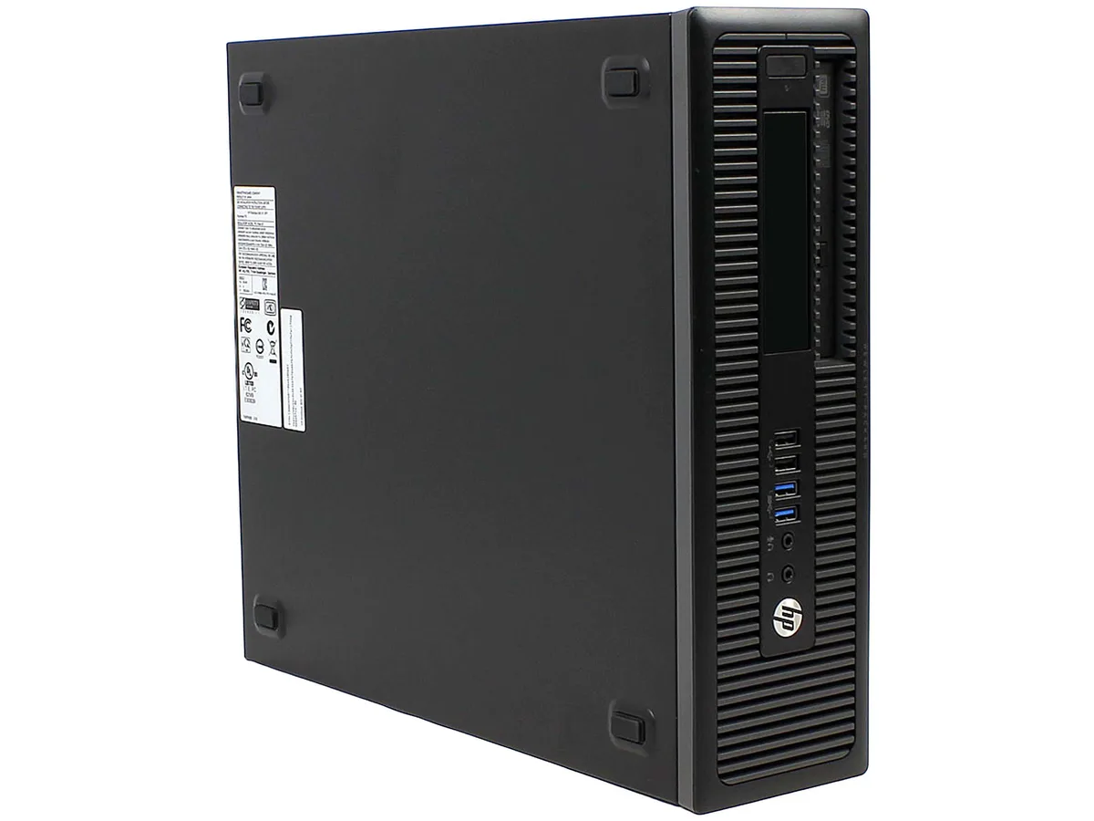 Black compact desktop tower with front ports and vents