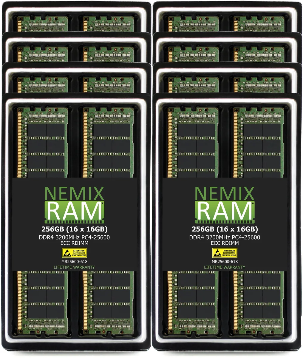 Sixteen green DDR4 RDIMM sticks in a row