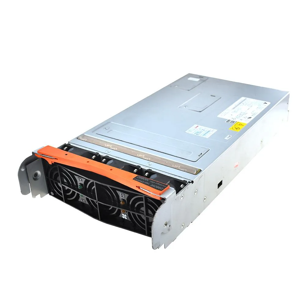 Rectangular silver metal server power supply unit with rear fan grille and gold edge connector