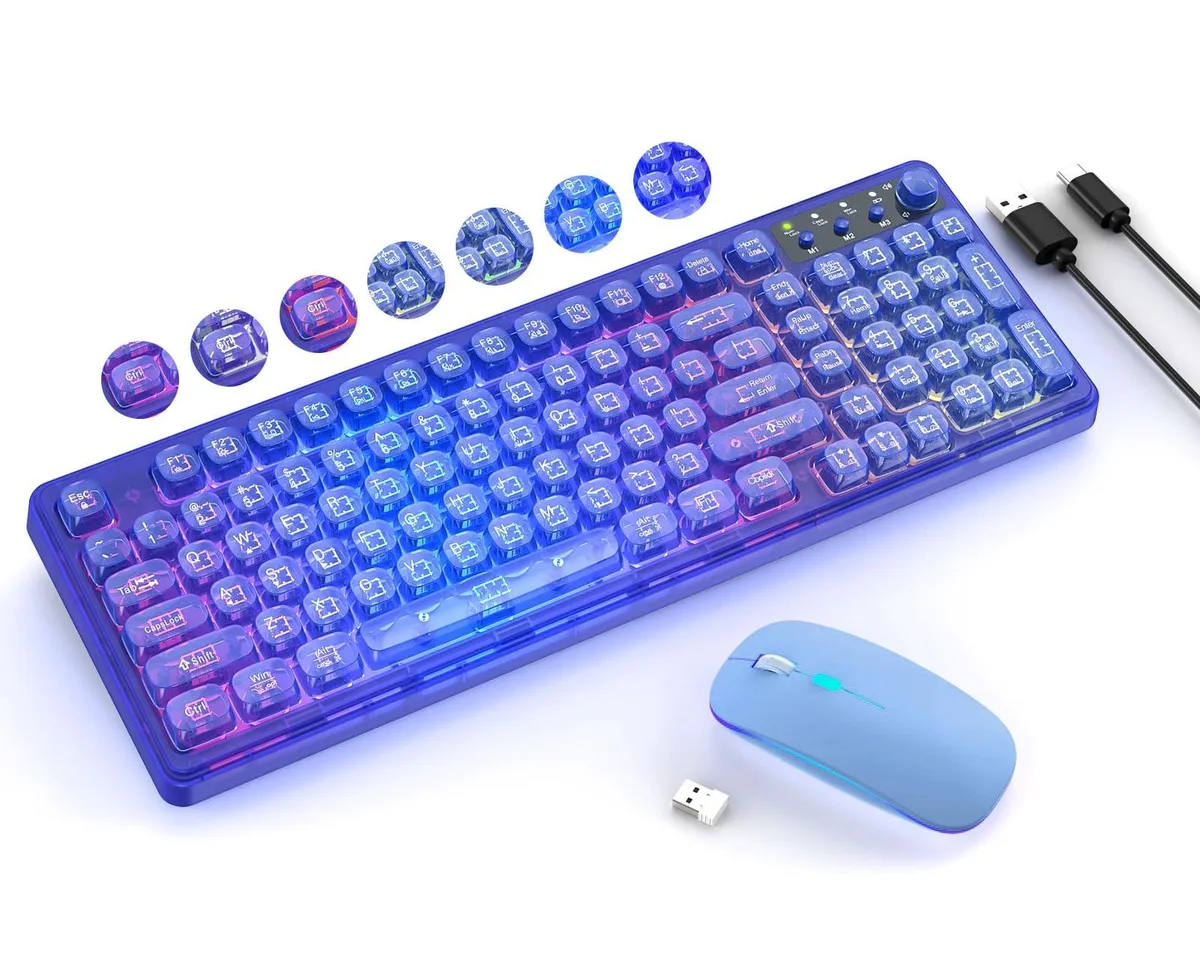 Transparent 99-key wireless keyboard with volume knob and matching mouse, black finish, rechargeable