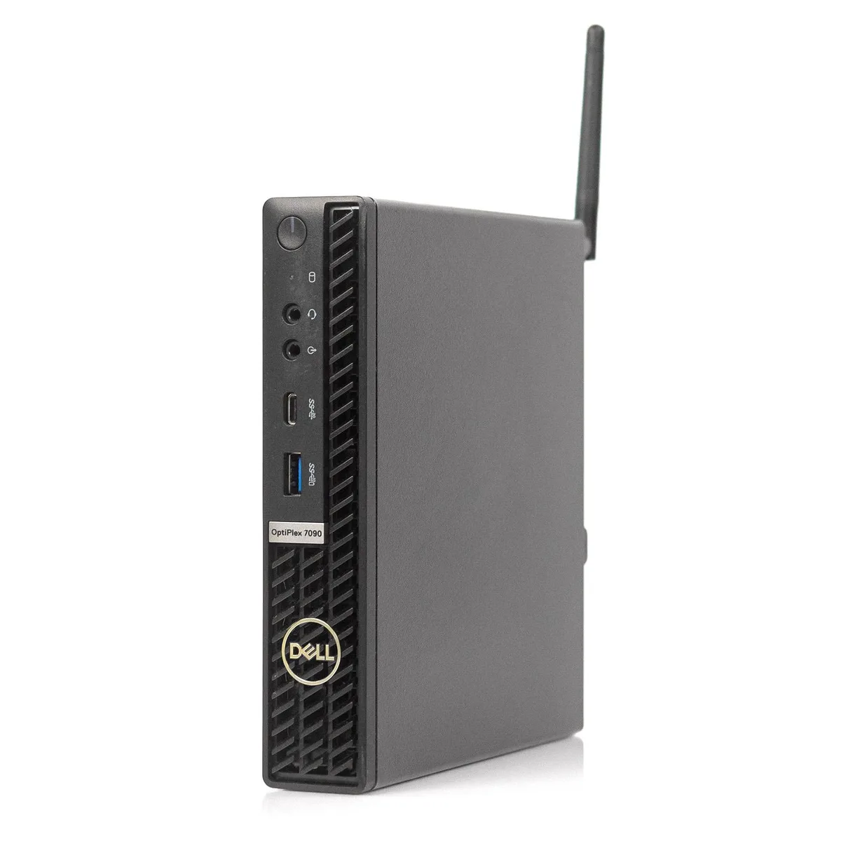 Small black rectangular desktop tower with front USB ports and power button