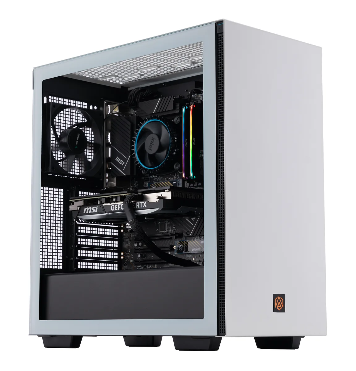 White ATX tower with RGB memory visible through glass side panel