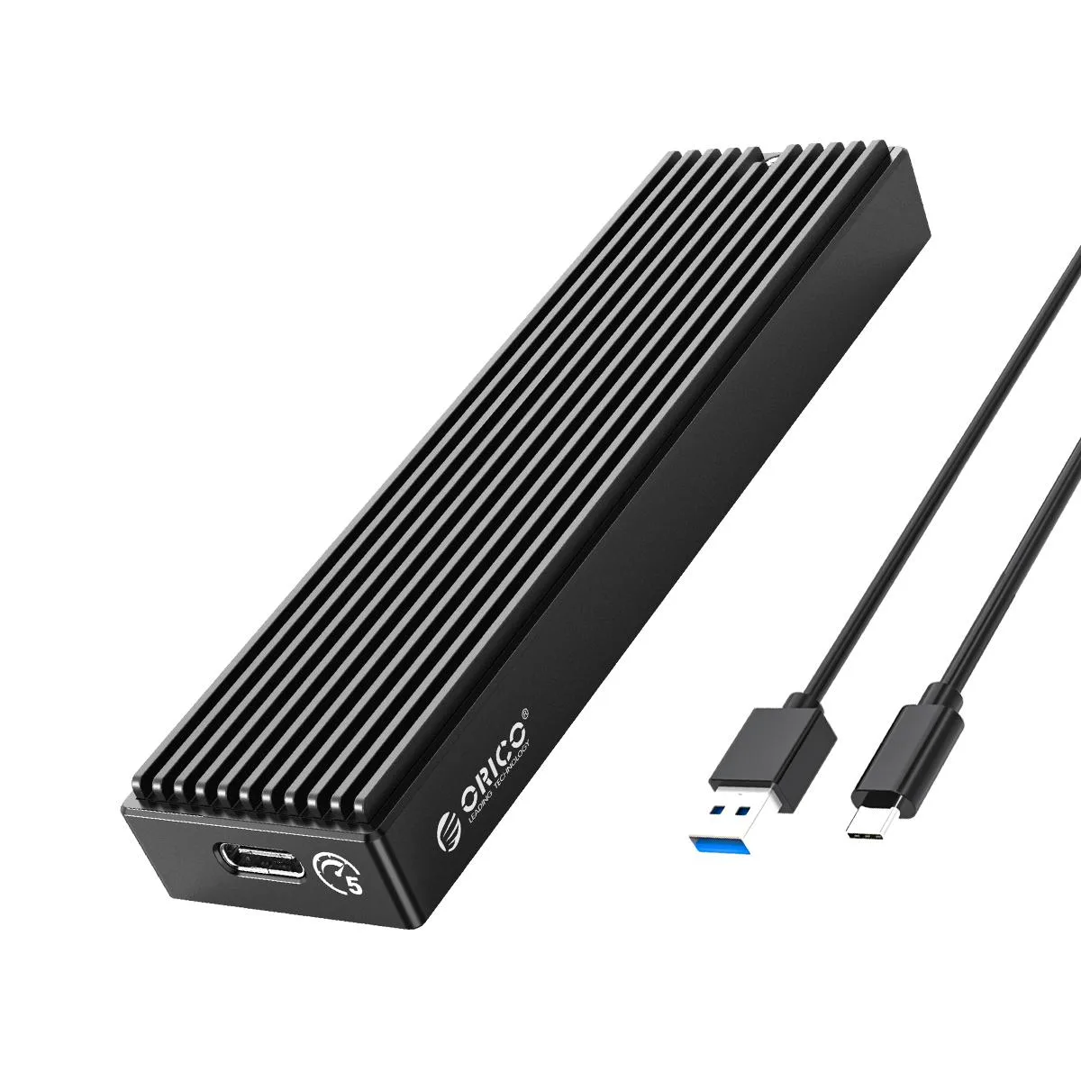 Black aluminium and plastic M.2 SATA enclosure, USB-C, 108 by 29.5 by 13.5 mm