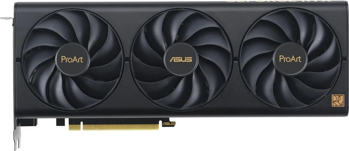 ASUS ProArt RTX 4070 SUPER graphics card with triple-fan cooler in matte black finish
