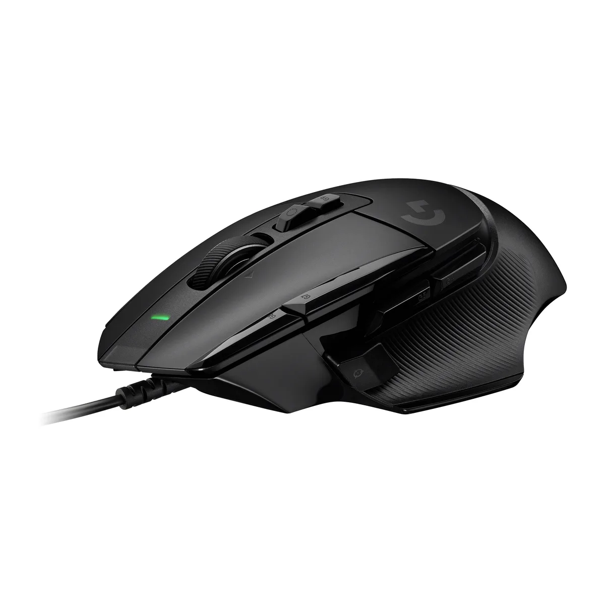 Black right-handed wired gaming mouse with 11 buttons and tilt scroll wheel