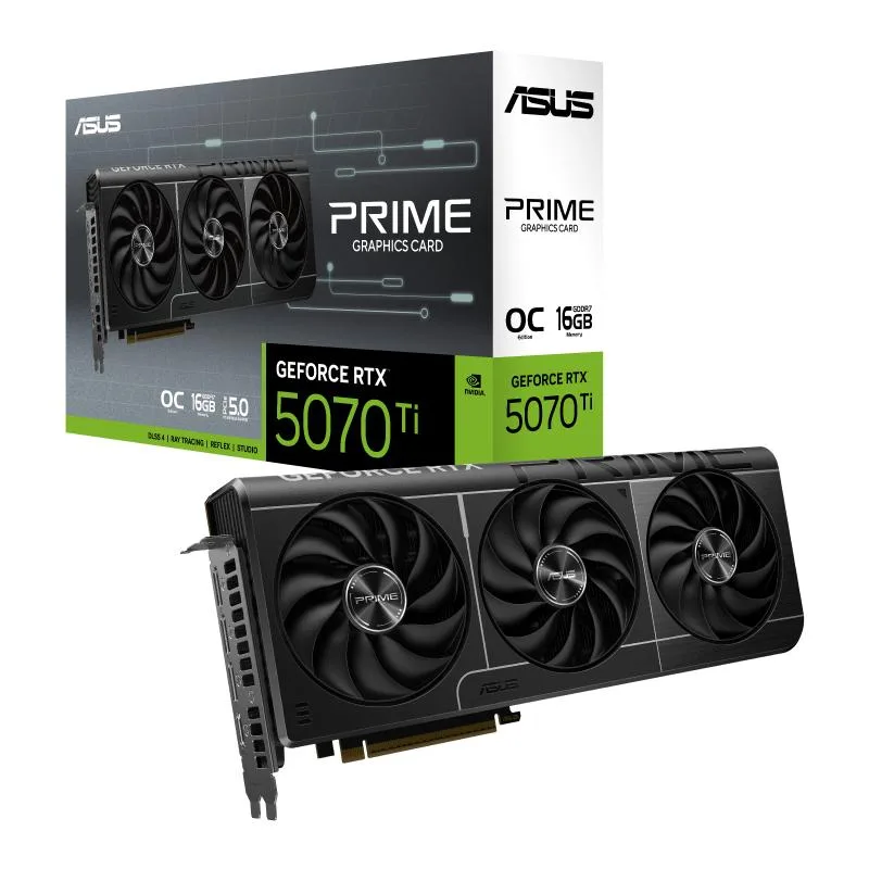 ASUS Prime GeForce RTX 5070 Ti graphics card with triple-fan cooler in dark finish