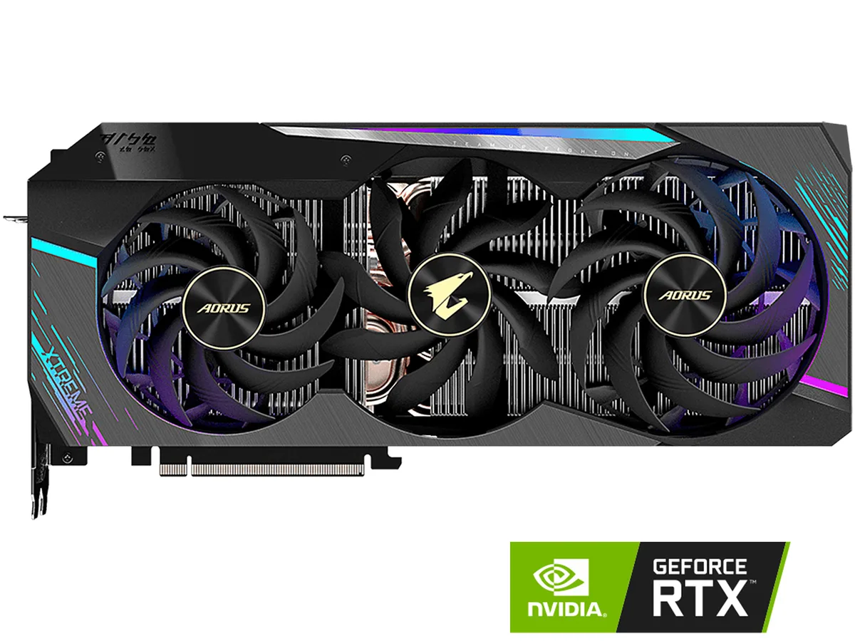 Black triple-fan graphics card with metal backplate and RGB lighting