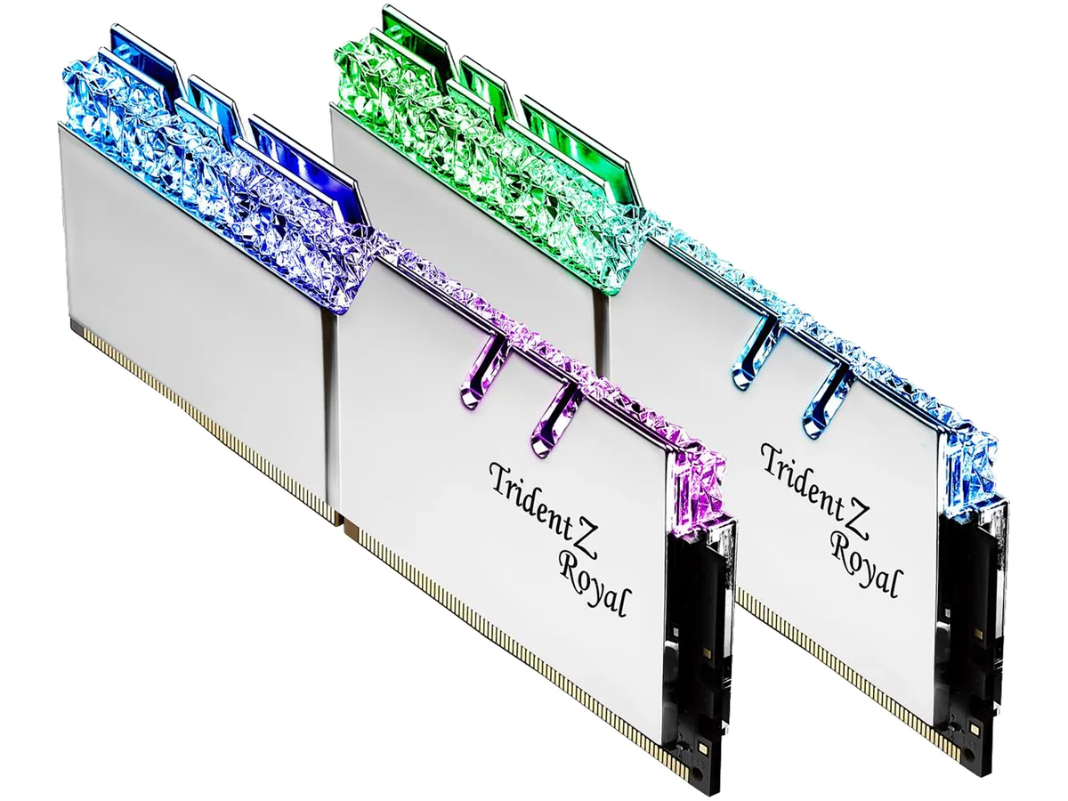 Two silver DDR4 memory modules with crystalline RGB light bars and mirrored aluminum heatspreaders