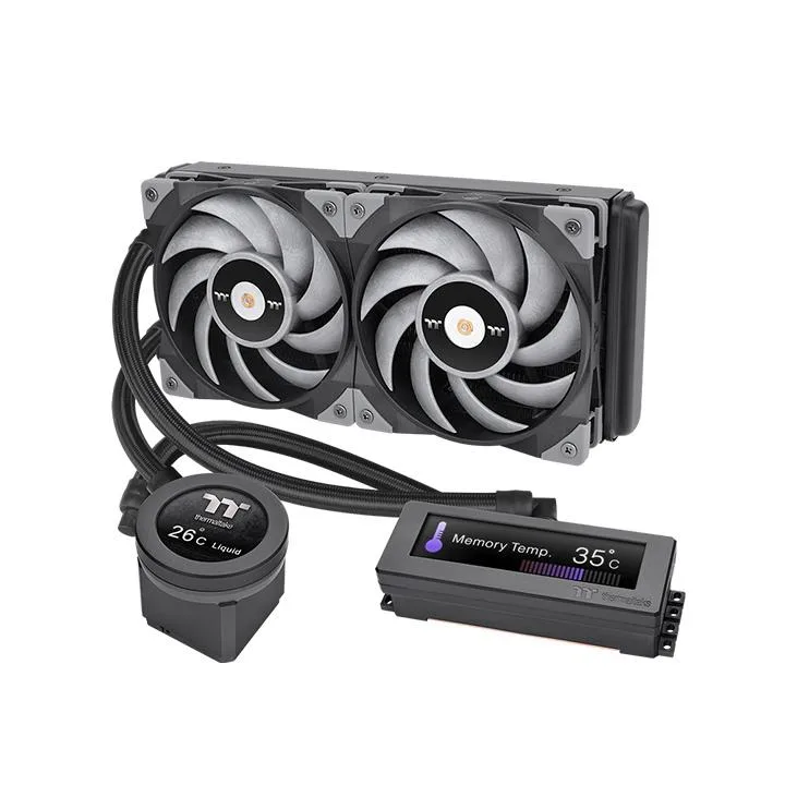 Black 240 mm AIO liquid cooler with 2.1 inch square LCD on CPU block and 3.9 inch LCD on memory block, two 120 mm fans