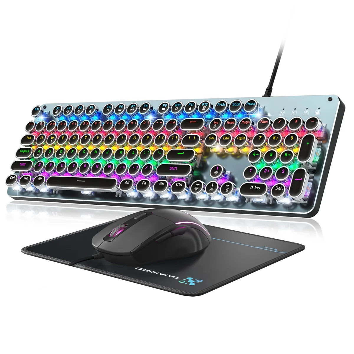 HIRO BK820 Typewriter Mechanical Gaming Keyboard Blue Switch 104 Keys Silver Metal Panel Mouse Pad Combo — fotografia produktu