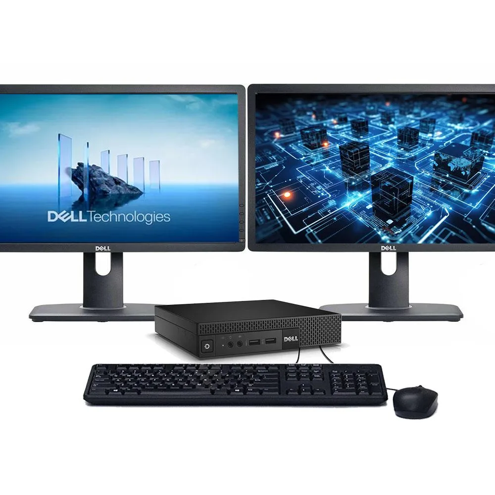 Black Dell OptiPlex Micro desktop with two 22 inch monitors