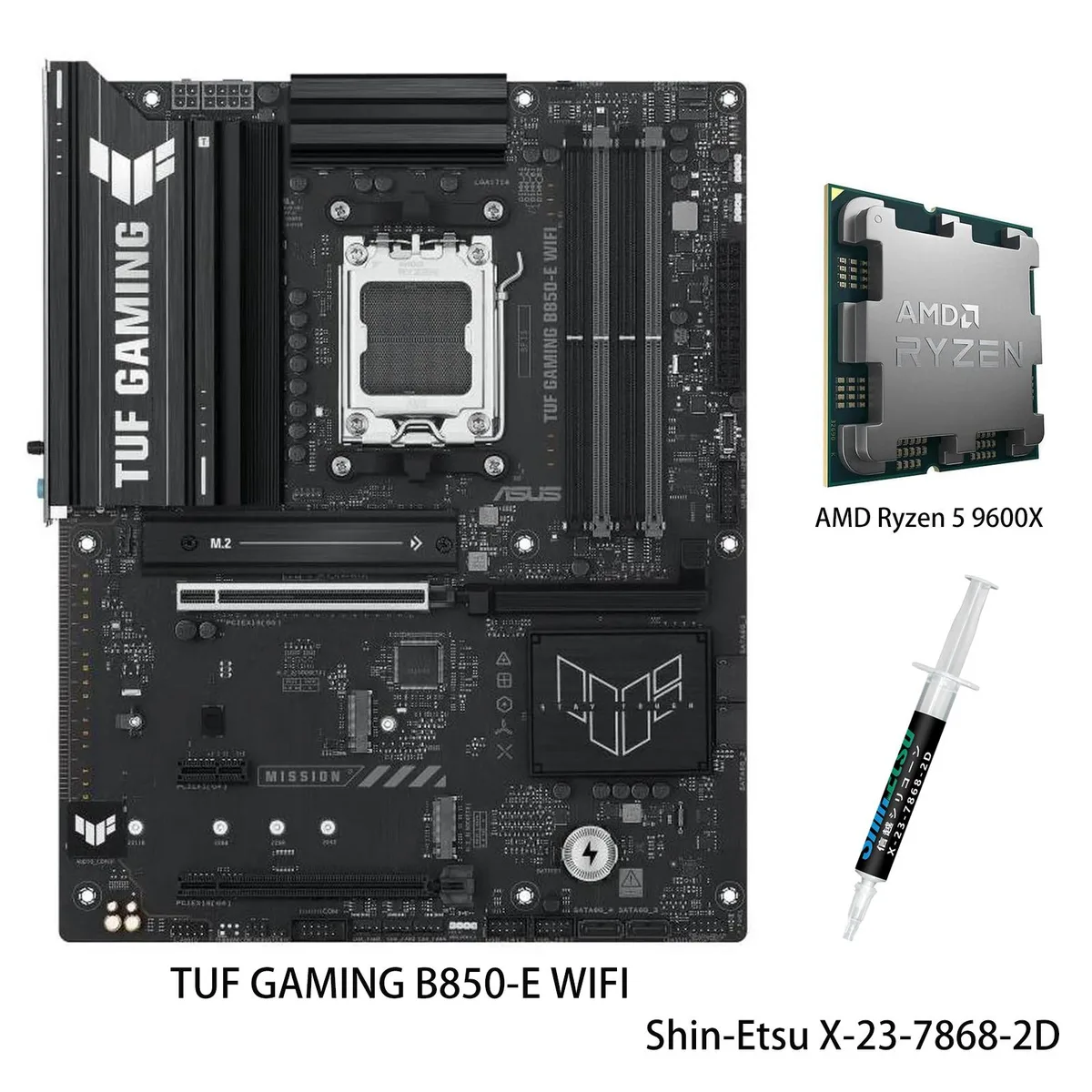 ASUS TUF Gaming B850-E WIFI ATX motherboard with Ryzen 5 9600X CPU installed, dark grey finish, large VRM heatsinks, three M.2 slots