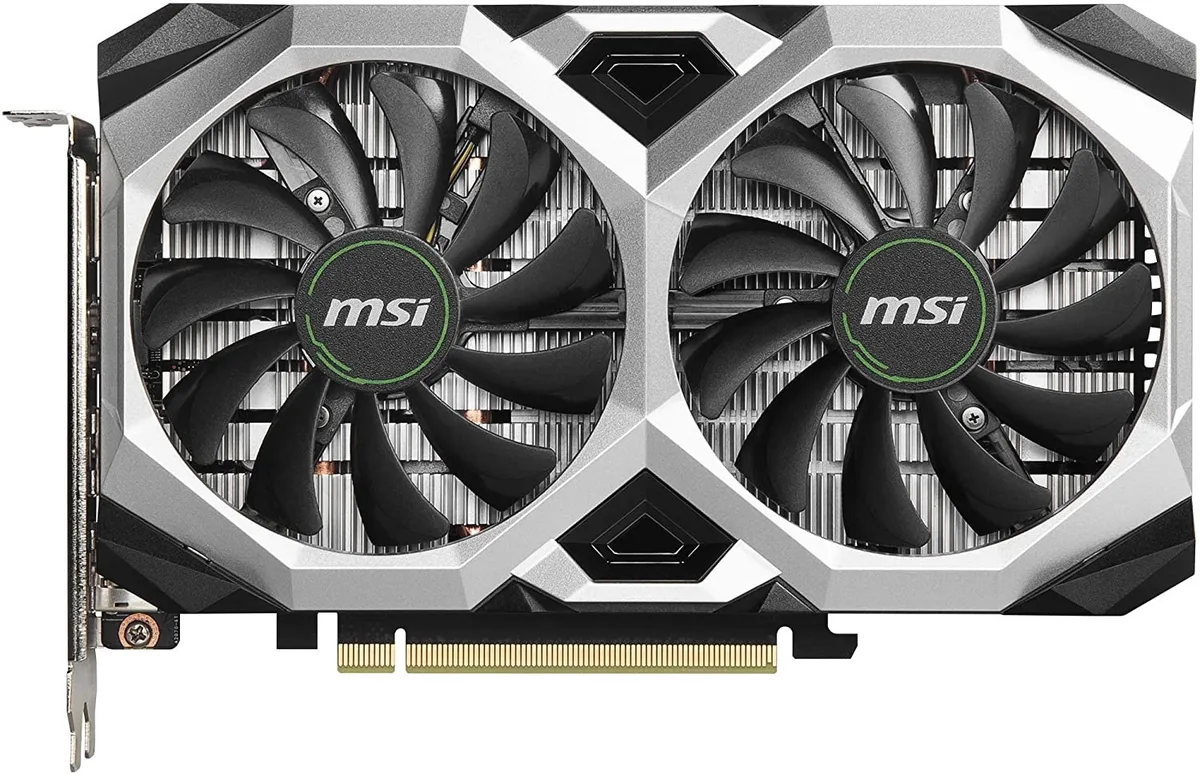 Black dual-fan graphics card with silver accents and backplate