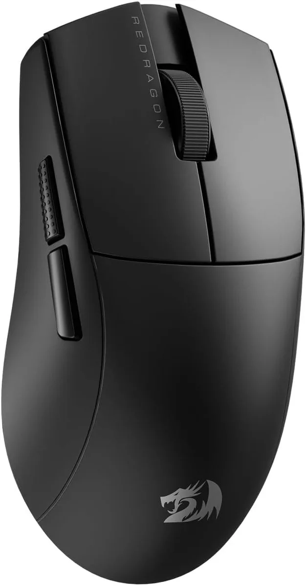 Black ultra-light gaming mouse with ergonomic shape and side buttons