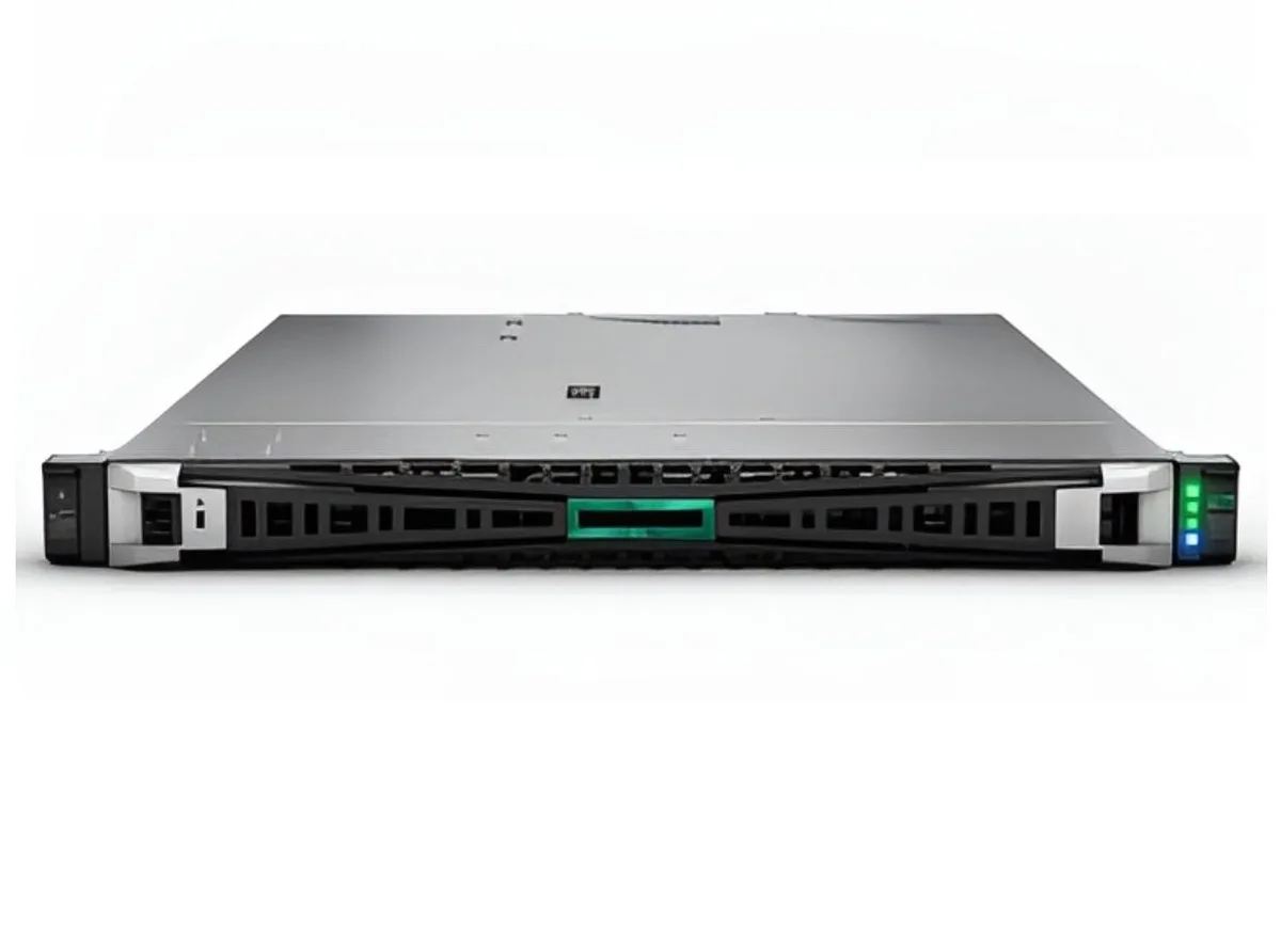 Silver 1U rack server front with four drive bays and power button