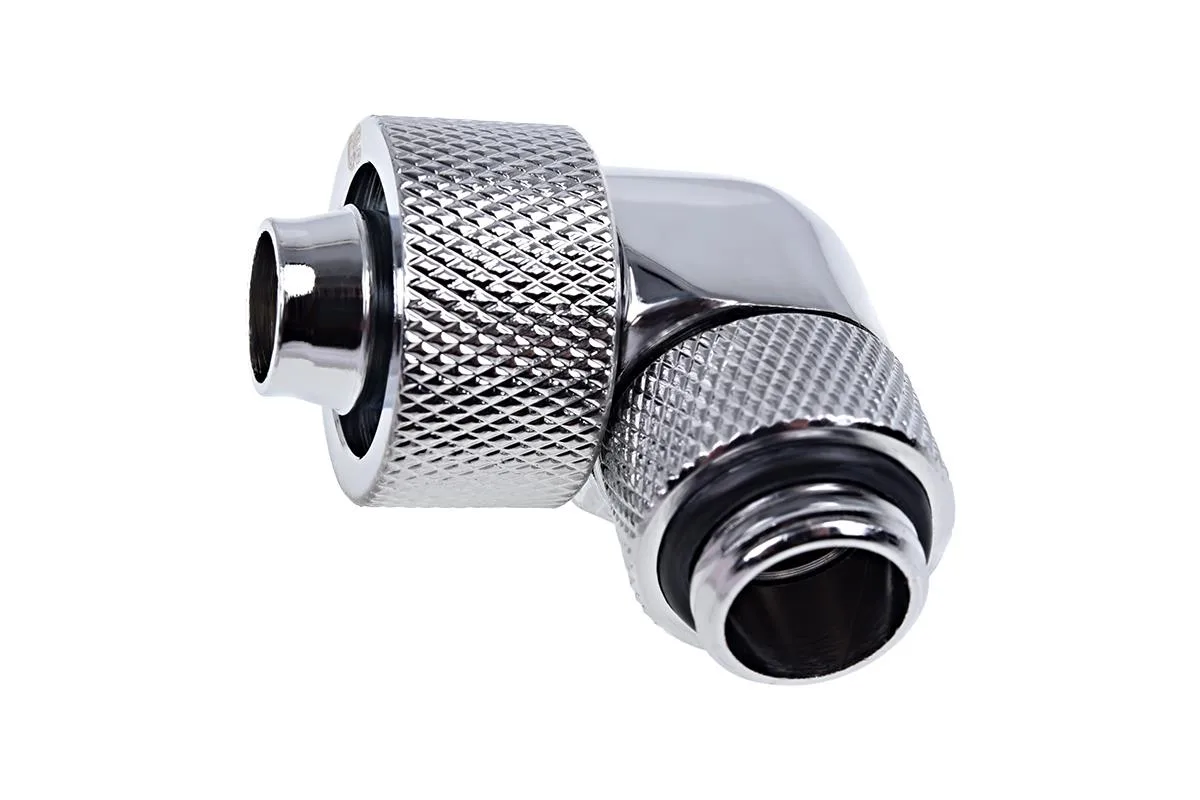Chrome 90-degree rotatable compression fitting with G1/4 thread and slanted nuts for 16/10mm tubing