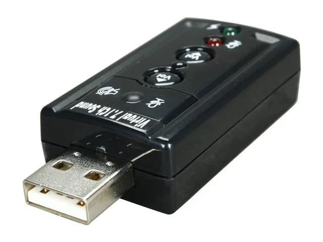 Small rectangular USB audio adapter with volume buttons and audio jacks