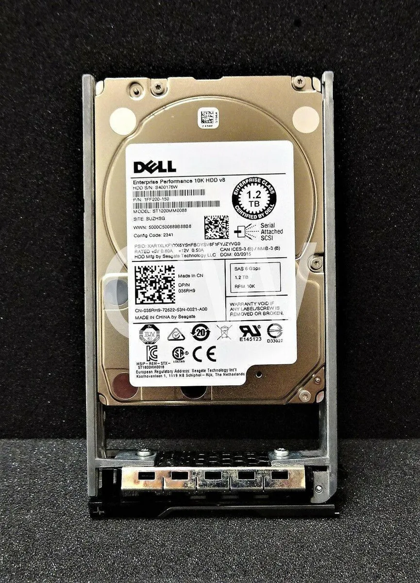 Silver 2.5 inch SAS hard drive mounted in black Dell server caddy tray