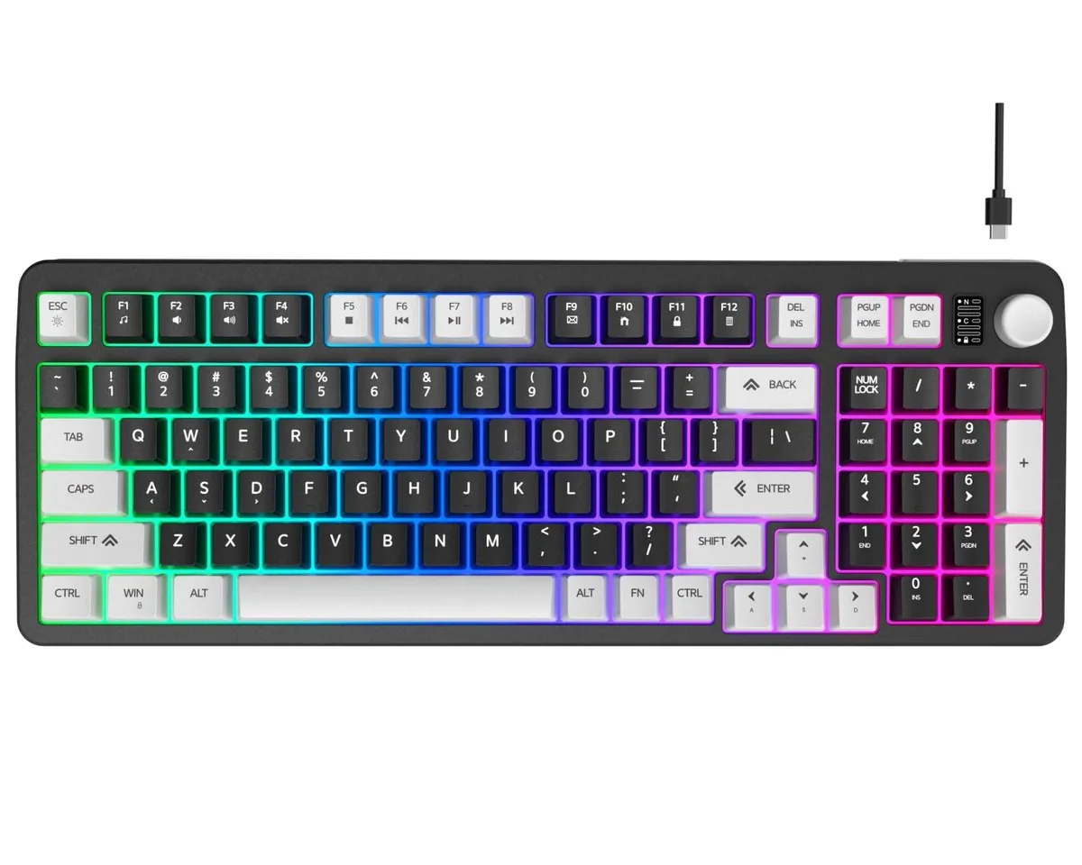 Black 96% wired gaming keyboard with 98 keys, volume knob, and rainbow backlighting
