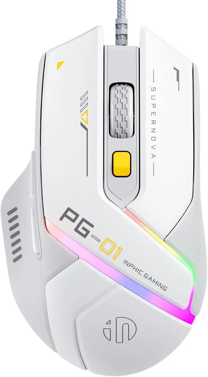 White and grey ergonomic wired gaming mouse with six buttons and RGB lighting