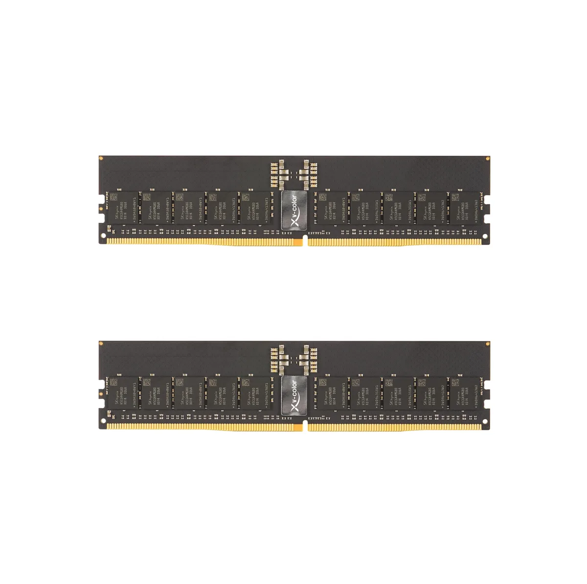 Two green DDR5 registered DIMM modules without heat spreaders, 288-pin form factor
