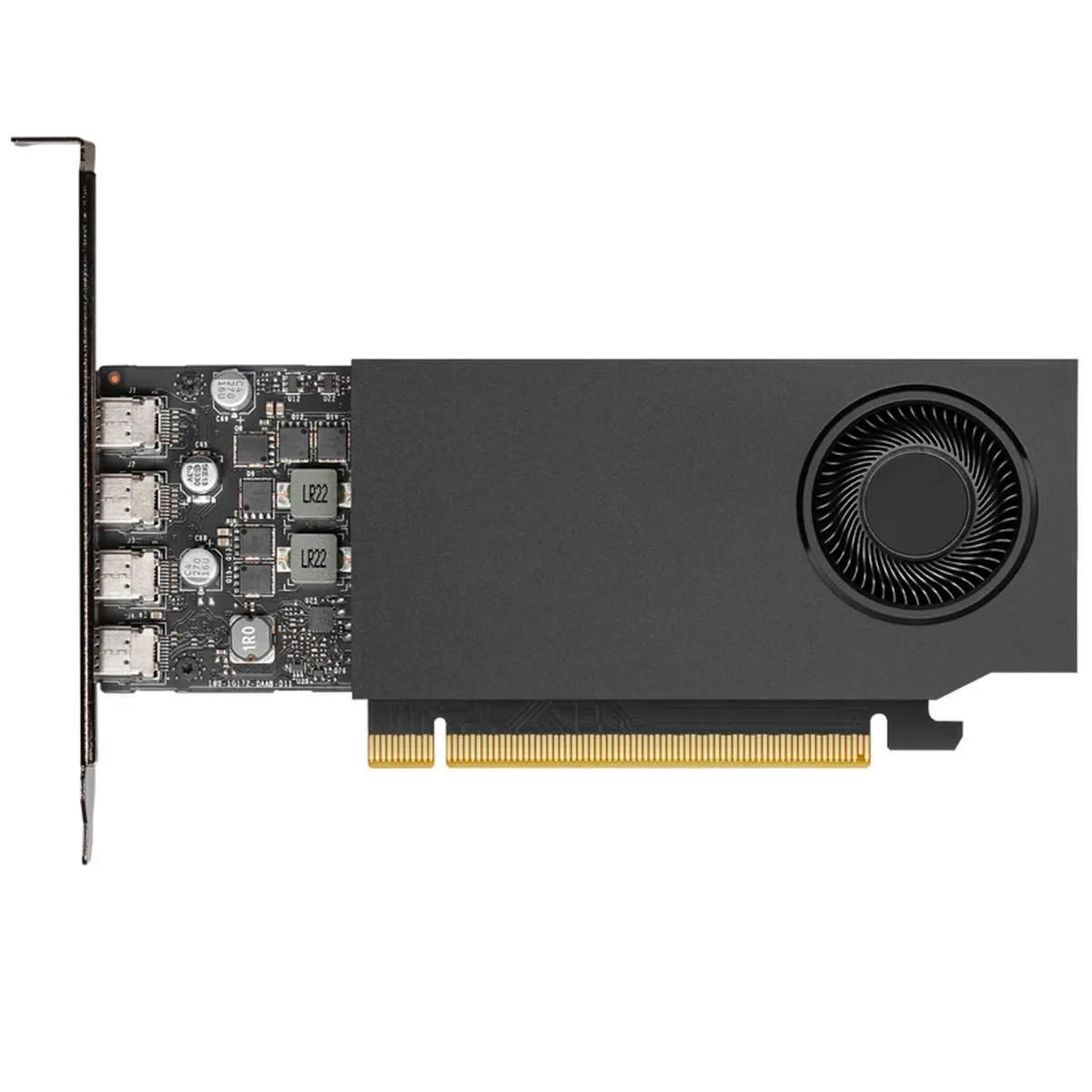 Compact single-slot graphics card with four mini DisplayPort outputs and a matte black metal shroud