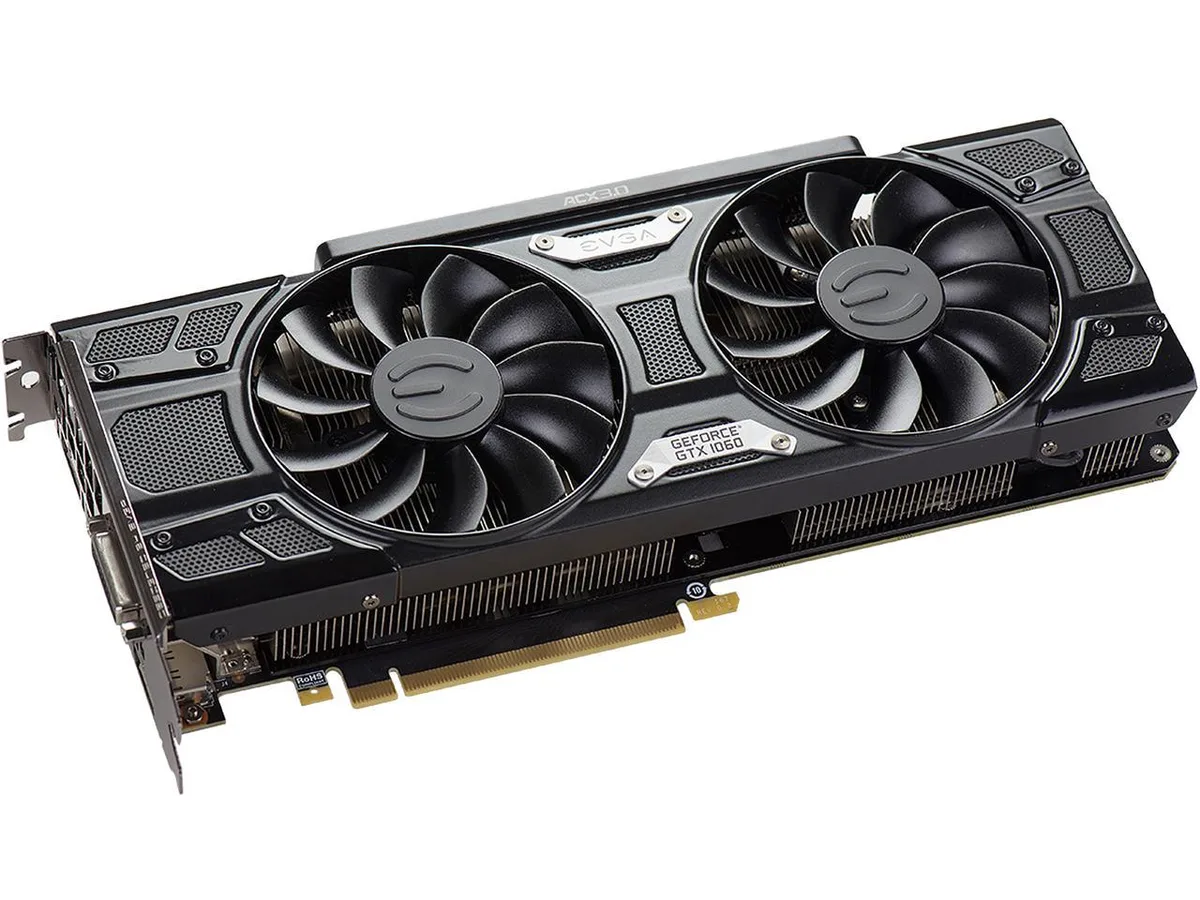 EVGA GeForce GTX 1060 3GB graphics card with dual-fan ACX 3.0 cooler, silver backplate, and illuminated logo