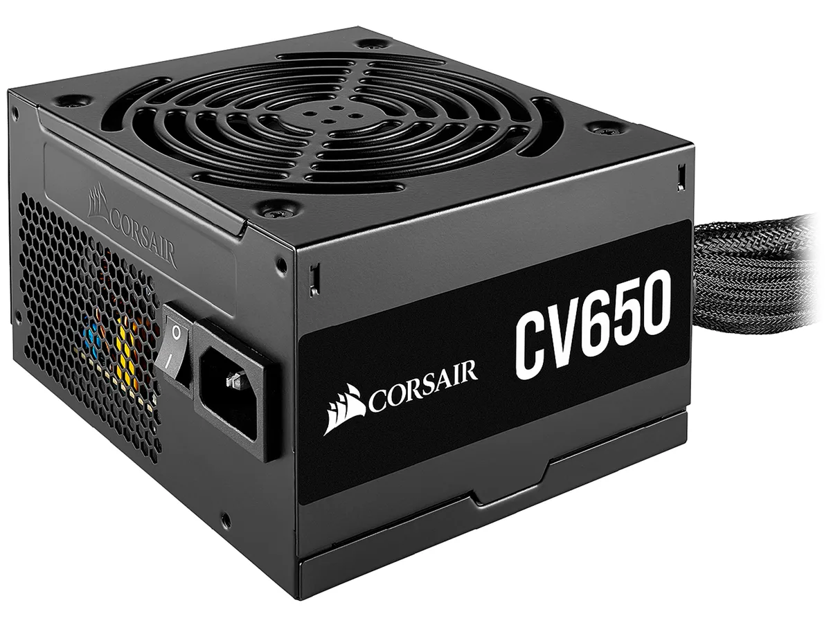 Black rectangular ATX power supply unit with fixed cables and 120mm fan grille