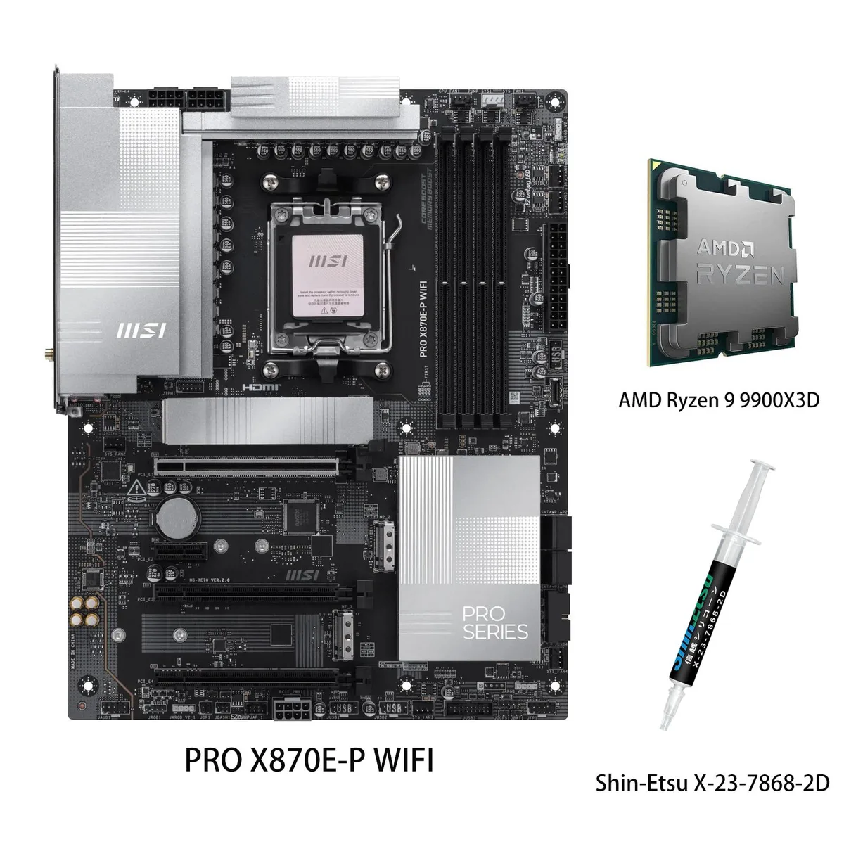 A matte black ATX motherboard with silver heatsinks, four DDR5 slots, a large CPU socket cover