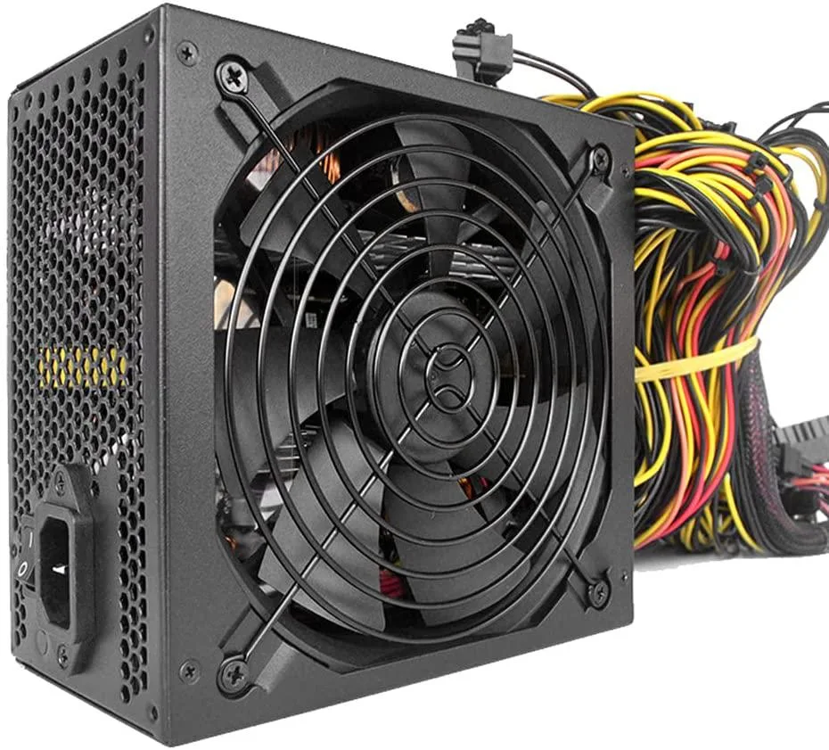 Black rectangular ATX power supply unit with 140mm fan and multiple cable connectors