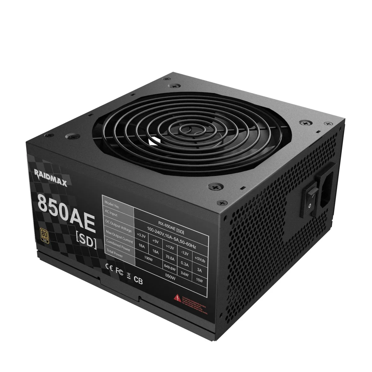 Black non-modular ATX power supply unit with fixed cables visible