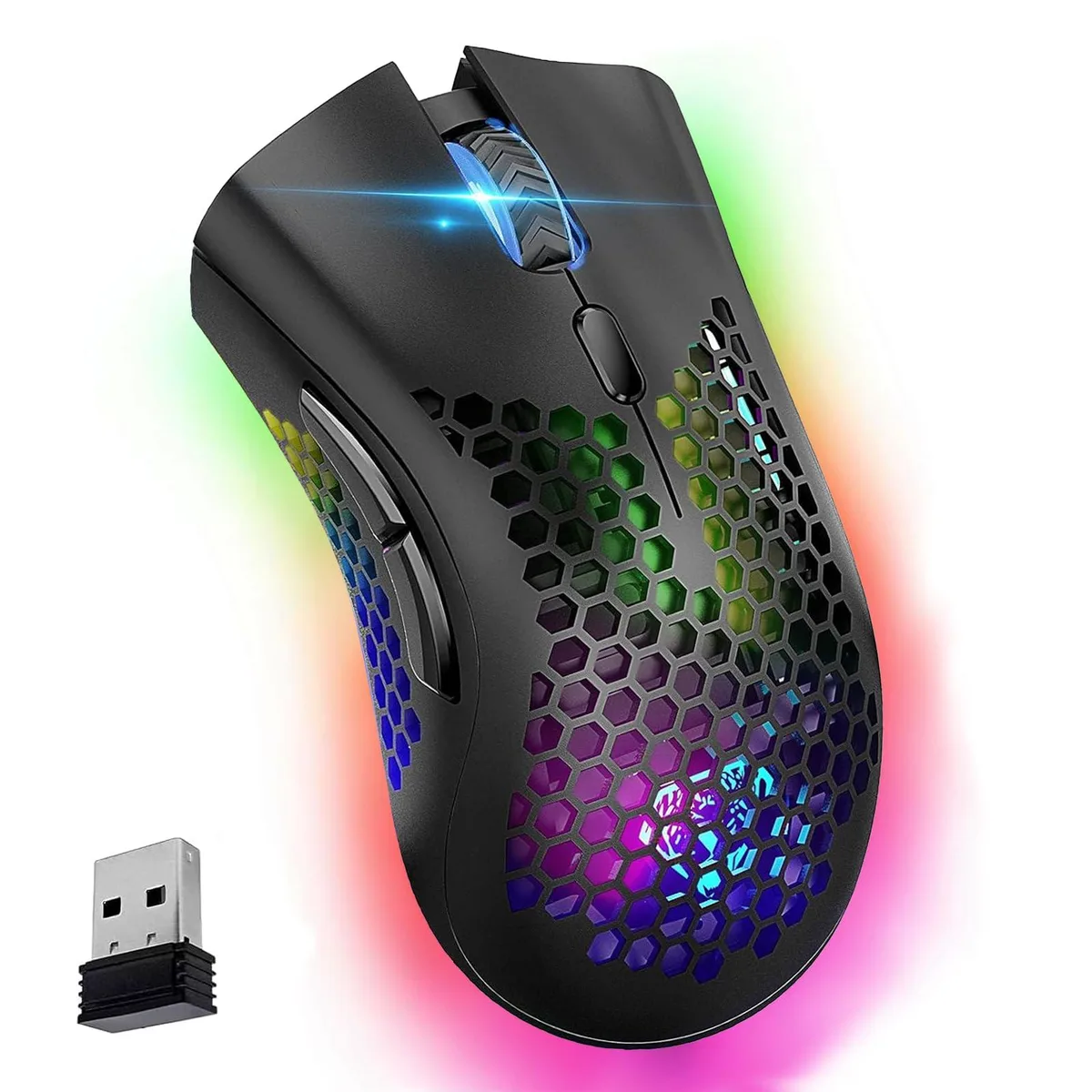 Black wireless gaming mouse with honeycomb shell and RGB lighting